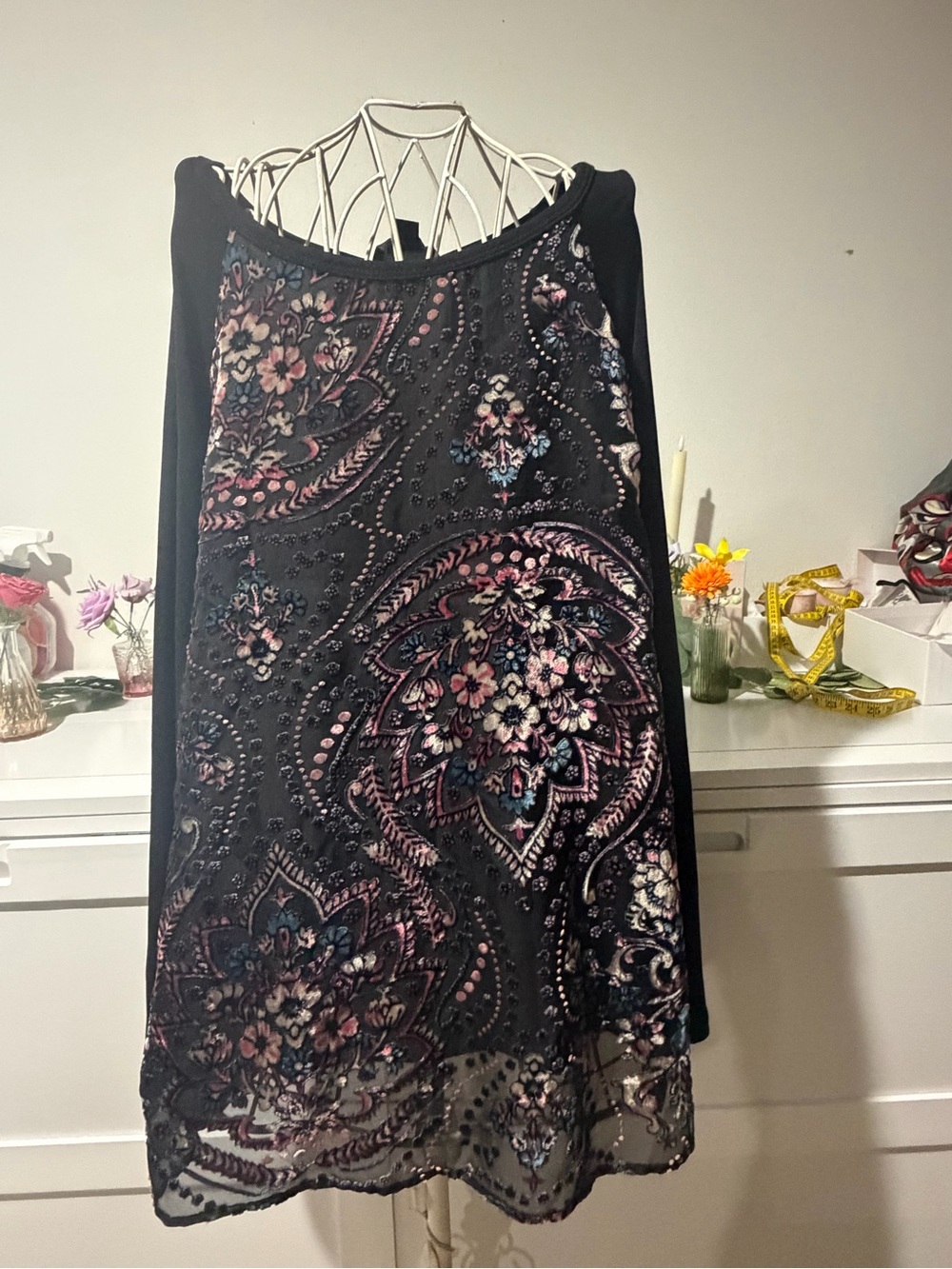 Karen Kane Black Paisley Floral Embroidered Tunic